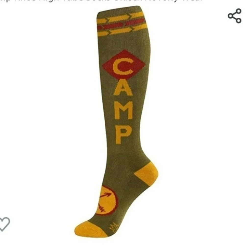 socks that read Camp in gold letters‎